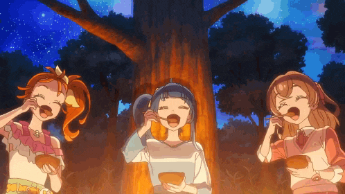three anime girls are standing under a tree and eating food