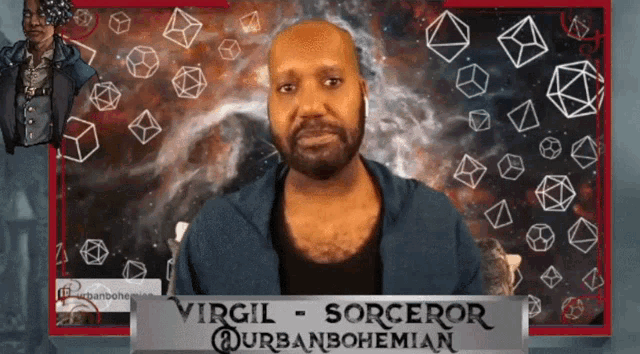 a man with a beard is sitting in front of a sign that says virgil sorceror