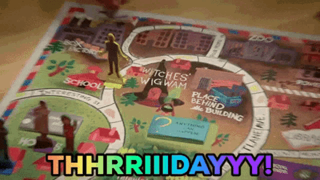 a person playing a board game with the words thhrriiidayyy written on it