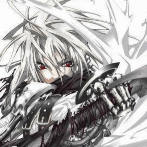 a girl with white hair and red eyes is holding a large sword