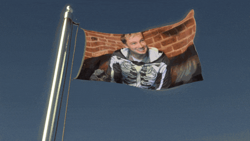 a flag with a man in a skeleton costume on it