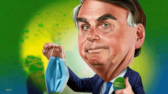 a cartoon of a man holding a face mask and a captain corona button