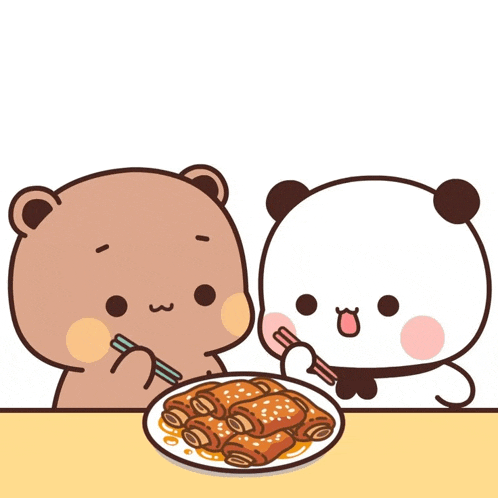 two bears are sitting at a table eating a plate of food with chopsticks