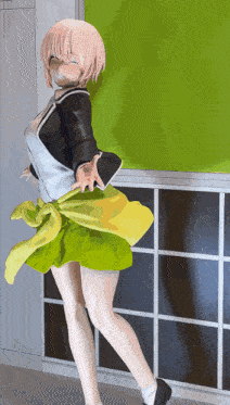 a girl with pink hair and a green skirt is dancing in front of a green wall