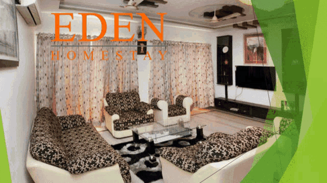 a poster for eden homestay shows a living room with lots of furniture