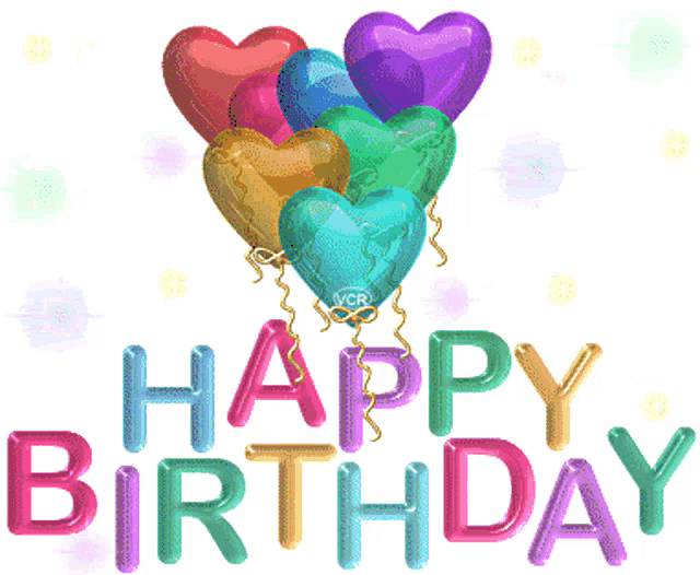 a bunch of heart shaped balloons with the words happy birthday