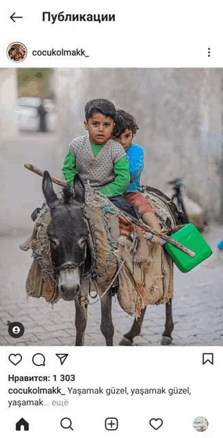 two boys are riding on the back of a donkey