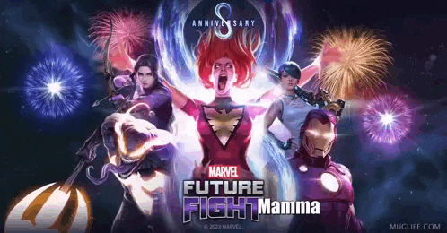 a poster for marvel future fight mamma with fireworks behind them
