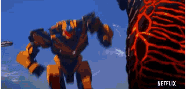a robot is standing in front of a red monster in a netflix advertisement .