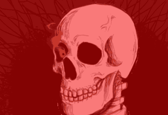 a drawing of a skull with a red eye and a red background