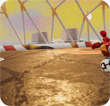 a cartoon chicken is kicking a soccer ball in a stadium