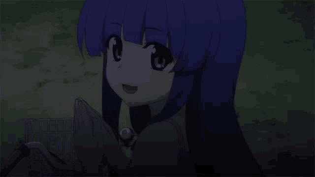 a girl with blue hair is holding a basket and smiling