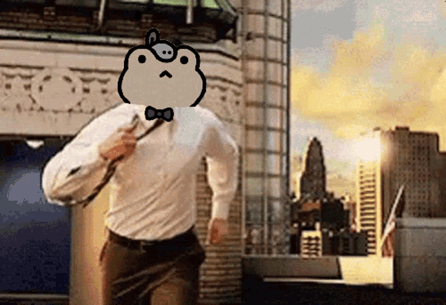 a man in a white shirt and tie is running with a cartoon character on his face
