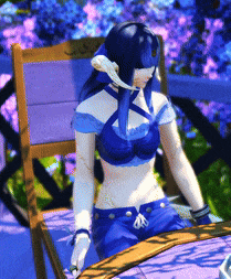 a girl with blue hair is sitting in a chair with purple flowers in the background