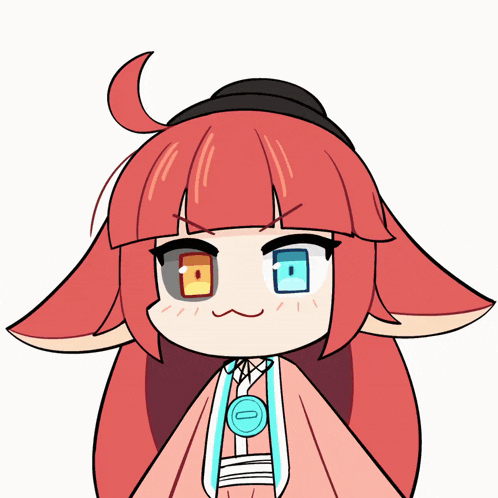 a cartoon drawing of a girl with red hair and a button around her neck