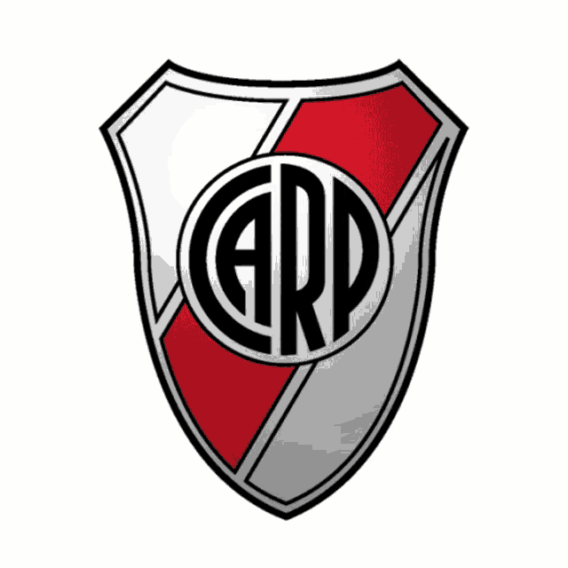a white shield with a red and white stripe and the letter arp in the center