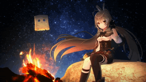 a girl sitting on a rock next to a fire with a paper bag floating in the sky