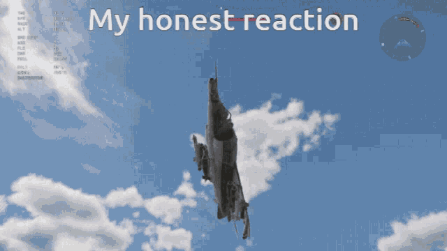 a computer screen shows a fighter jet flying in the sky with the words " my honest reaction " above it