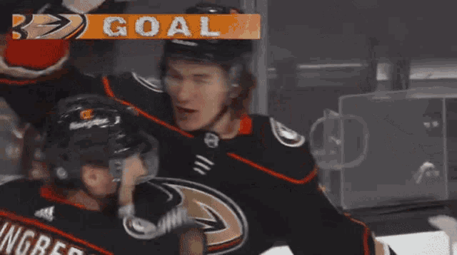 a hockey player wearing a helmet that says navigator is celebrating a goal