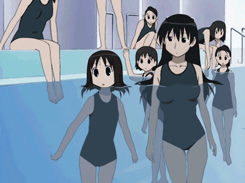 a group of anime girls in swimsuits are standing in a pool
