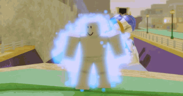 a roblox character with a smile on his face is surrounded by blue light