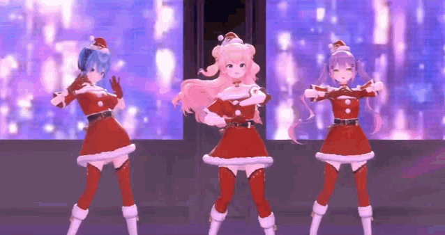 three anime girls dressed in santa costumes are dancing on a stage .