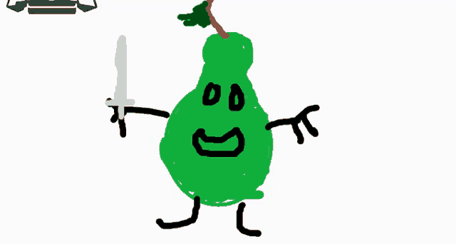 a drawing of a cat and a pear with the word wow on the bottom right
