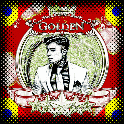 a drawing of a man in a suit and tie with the word golden written above him