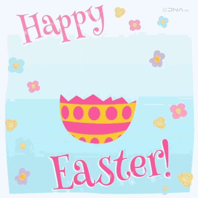 a happy easter card with a pink bird coming out of a pink egg