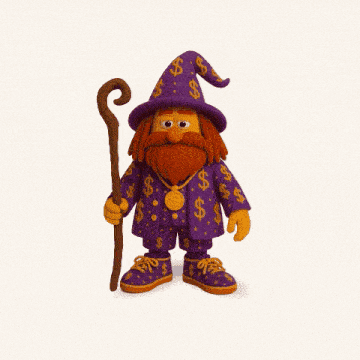 a cartoon character with a beard wearing a purple outfit with dollar signs and holding a cane