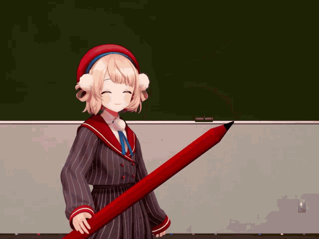 a girl in a striped suit is holding a large red pencil