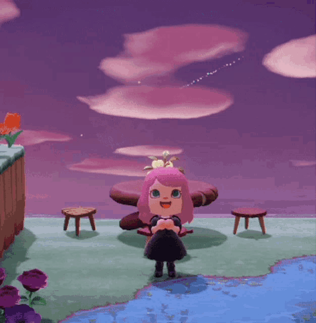 a video game character with pink hair is standing in front of a purple sky