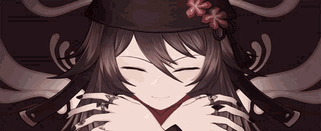 a drawing of a girl wearing a black hat with red flowers on it