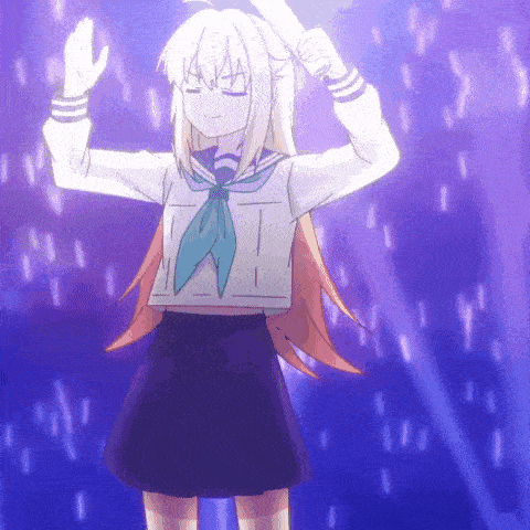 a girl in a school uniform is dancing on a stage with her arms in the air .