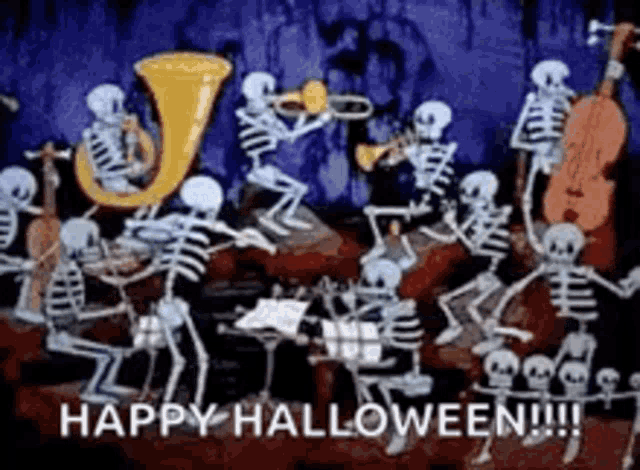 a group of skeletons are playing instruments and dancing in a cave .