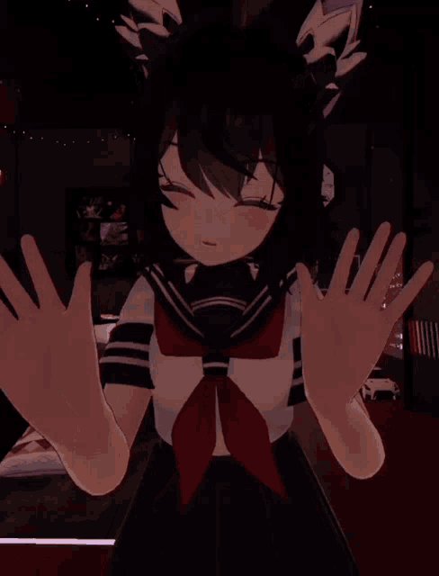 a girl in a sailor suit has her hands outstretched in front of her