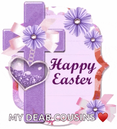 a happy easter card with a purple cross and purple flowers