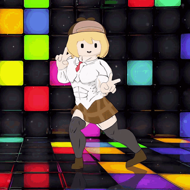 a cartoon character is dancing in front of a colorful background