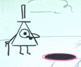 a drawing of bill cipher standing next to a black hole .