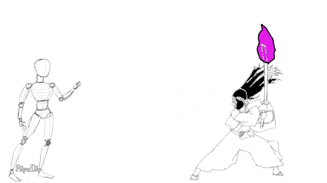 a drawing of a person holding a sword next to a purple dragon with the words flipa clip on the bottom