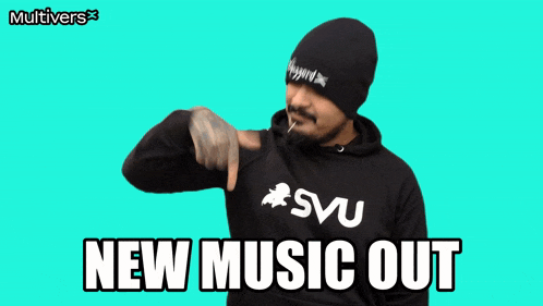 a man with a beard wearing a black hoodie and a hat says " new music out "