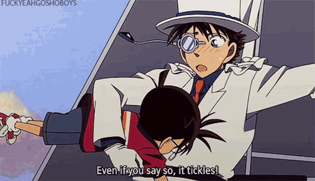 a man in a top hat holds another man in his arms and says even if you say so it tickles