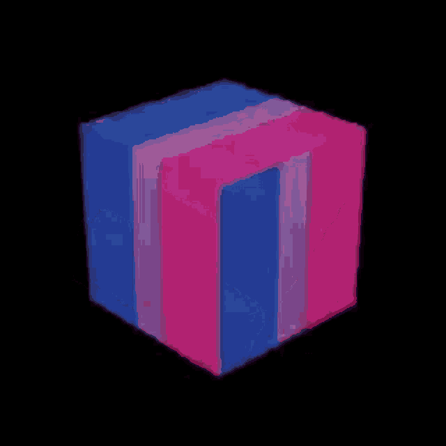 a blue , pink and white cube with a black background