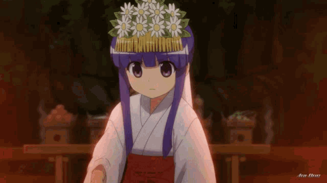 a girl with purple hair and a crown of daisies