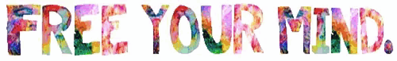 the words free your mind are written in colorful letters on a white background