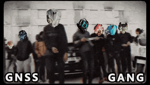 a group of people are standing in front of a car with the words gnss gang written on the bottom