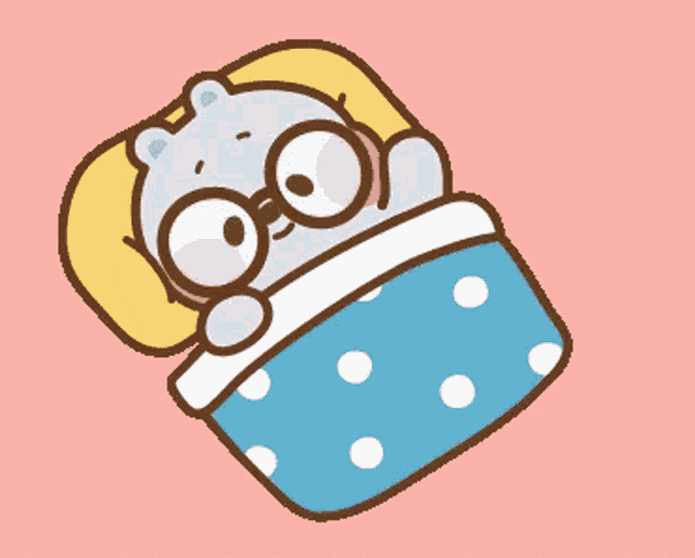 a cartoon of a bear wearing glasses sleeping on a bed