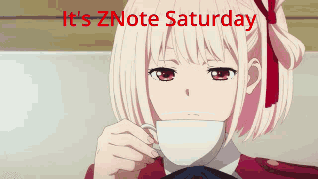 a girl drinking from a cup with the words " it 's znote saturday "