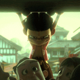 a cartoon character is hanging from the roof of a building