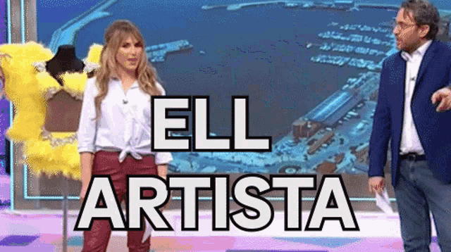 a man and a woman are standing next to each other in front of a screen that says " ell artista "